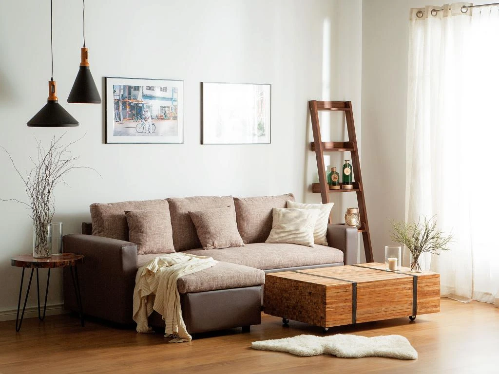 Canapé Angle Droite Convertible 3 Places En Tissu Beige Et Marron TAMPERE 1 Canapé Angle Droite Convertible 3 Places En Tissu Beige Et Marron TAMPERE