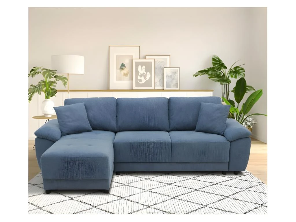 Canapé D'angle Convertible Réversible 4 Places ARIEL - Tissu Bleu - Coffre De Rangement - L 257 X P 159 X H 88 Cm 2 Canapé D'angle Convertible Réversible 4 Places ARIEL - Tissu Bleu - Coffre De Rangement - L 257 X P 159 X H 88 Cm – Image 2