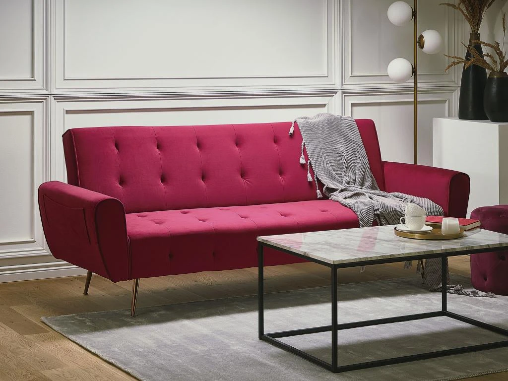 Canapé Convertible 3 Places En Velours Rouge Bordeaux SELNES 2 Canapé Convertible 3 Places En Velours Rouge Bordeaux SELNES – Image 2