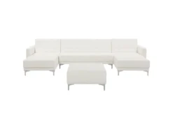 Canapé Panoramique Convertible En Cuir PU Blanc 5 Places Avec Pouf ABERDEEN