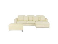 Canapé Angle à Gauche En Cuir Véritable Beige Et Pouf Ottoman Housses Amovibles Oslo