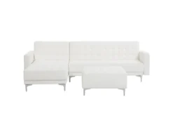 Canapé Angle Droit Convertible Cuir PU Blanc Avec Pouf 4 Places ABERDEEN