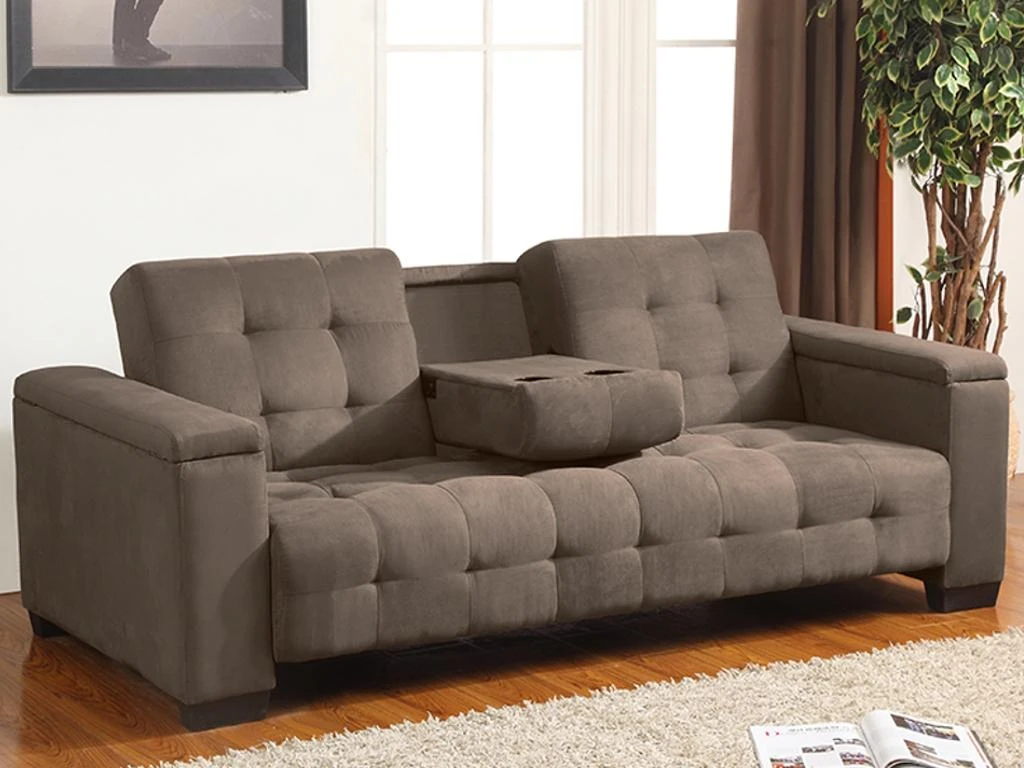 Canapé 3 Places Clic-clac En Microfibre DEVONSHIRE Avec Tablette Centrale Rabattable - Marron 3 Canapé 3 Places Clic-clac En Microfibre DEVONSHIRE Avec Tablette Centrale Rabattable - Marron – Image 3