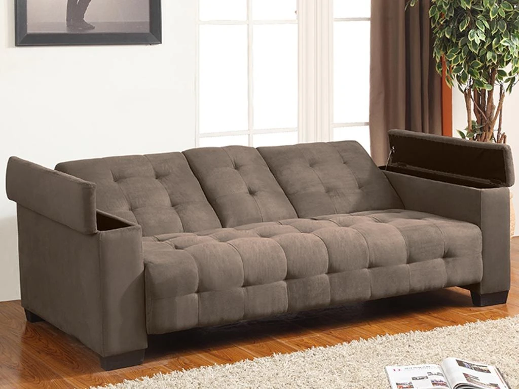 Canapé 3 Places Clic-clac En Microfibre DEVONSHIRE Avec Tablette Centrale Rabattable - Marron 10 Canapé 3 Places Clic-clac En Microfibre DEVONSHIRE Avec Tablette Centrale Rabattable - Marron – Image 10