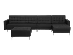 Canapé Angle Gauche Convertible Cuir PU Noir 5 Places Avec Pouf ABERDEEN
