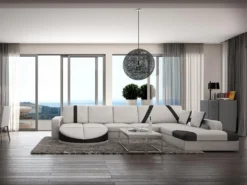 Canapé D'angle Droit En Simili MINTIKA - Blanc Et Bandes Noires -Canapé Soldes Boutique canape 173719