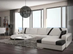 Canapé D'angle Droit En Simili MINTIKA - Blanc Et Bandes Noires -Canapé Soldes Boutique canape 173721