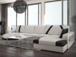 Canapé D'angle Droit En Simili MINTIKA - Blanc Et Bandes Noires -Canapé Soldes Boutique canape 173722