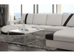 Canapé D'angle Droit En Simili MINTIKA - Blanc Et Bandes Noires -Canapé Soldes Boutique canape 173727