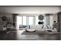 Canapé D'angle Droit En Simili MINTIKA - Blanc Et Bandes Noires -Canapé Soldes Boutique canape 173728