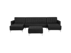 Canapé Panoramique Convertible En Cuir PU Noir 5 Places Avec Pouf ABERDEEN