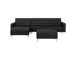 Canapé Angle Gauche Convertible Cuir PU Noir 4 Places Avec Pouf ABERDEEN