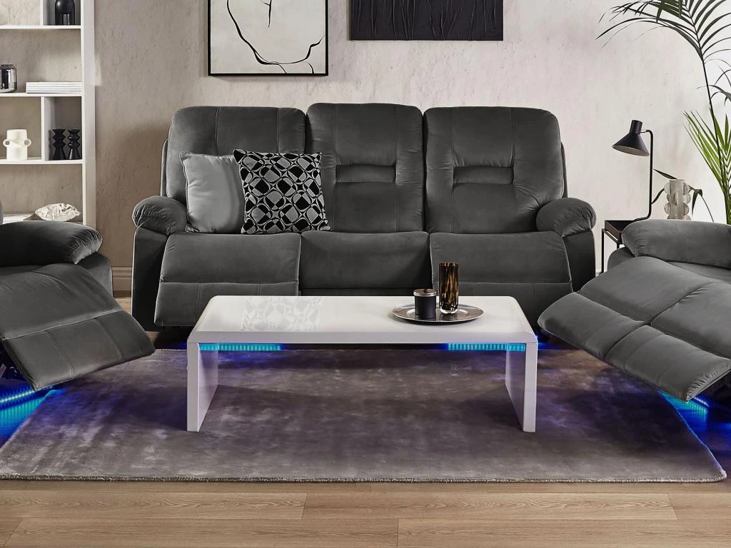 Canapé En Velours Gris 3 Places Inclinable Avec LED Et Port USB BERGEN 2 Canapé En Velours Gris 3 Places Inclinable Avec LED Et Port USB BERGEN – Image 2