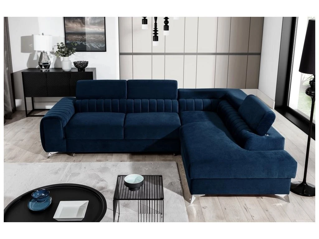 Canapé D'angle Convertible - LARRY VELOURS - En Tissu Luxe Bleu, 5 Places, Angle Droit (vu De Face) 1 Canapé D'angle Convertible - LARRY VELOURS - En Tissu Luxe Bleu, 5 Places, Angle Droit (vu De Face)