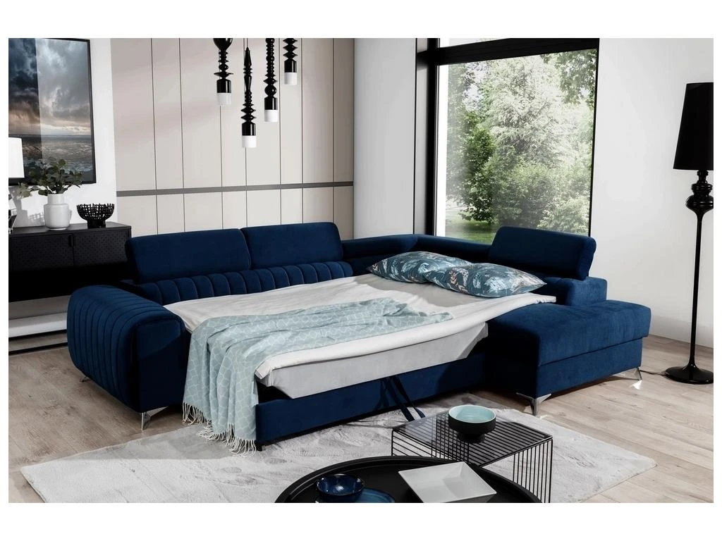 Canapé D'angle Convertible - LARRY VELOURS - En Tissu Luxe Bleu, 5 Places, Angle Droit (vu De Face) 2 Canapé D'angle Convertible - LARRY VELOURS - En Tissu Luxe Bleu, 5 Places, Angle Droit (vu De Face) – Image 2