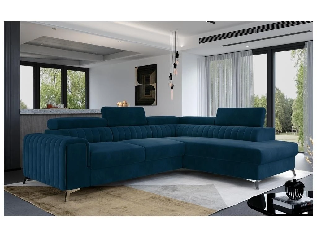 Canapé D'angle Convertible - LARRY VELOURS - En Tissu Luxe Bleu, 5 Places, Angle Droit (vu De Face) 3 Canapé D'angle Convertible - LARRY VELOURS - En Tissu Luxe Bleu, 5 Places, Angle Droit (vu De Face) – Image 3