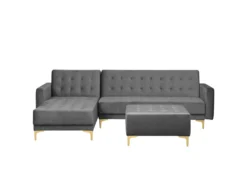 Canapé Angle Droite Convertible En Velours Gris 4 Places Avec Pouf ABERDEEN