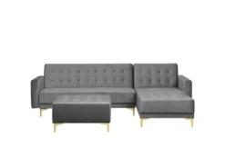 Canapé Angle Gauche Convertible En Velours Gris 4 Places Avec Pouf ABERDEEN