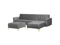Canapé Angle Gauche Convertible En Velours Gris 4 Places Avec Pouf ABERDEEN -Canapé Soldes Boutique canape 18236953