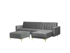 Canapé Angle Gauche Convertible En Velours Gris 4 Places Avec Pouf ABERDEEN -Canapé Soldes Boutique canape 18236955