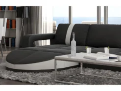 Canapé D'angle Réversible En Simili TALITA - Noir Et Bande Blanche -Canapé Soldes Boutique canape 182484