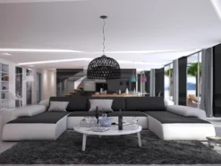 Canapé Panoramique 7 Places En Simili SICILE - Bicolore Blanc Et Noir Avec Coussins Anthracites