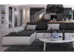 Canapé Panoramique 7 Places En Simili SICILE - Bicolore Blanc Et Noir Avec Coussins Anthracites -Canapé Soldes Boutique canape 182502