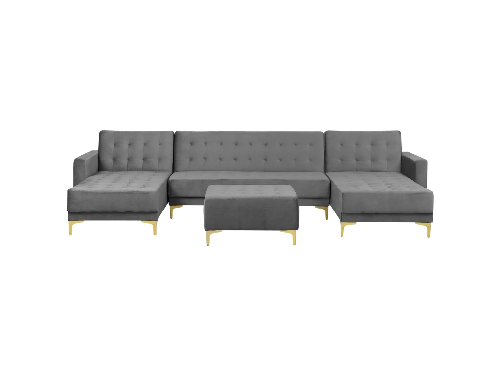 Canapé Panoramique Convertible En Velours Gris 5 Places Avec Pouf ABERDEEN 1 Canapé Panoramique Convertible En Velours Gris 5 Places Avec Pouf ABERDEEN
