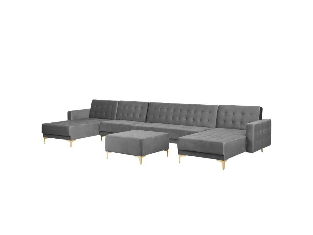 Canapé Panoramique Convertible En Velours Gris 6 Places Avec Pouf ABERDEEN 6 Canapé Panoramique Convertible En Velours Gris 6 Places Avec Pouf ABERDEEN – Image 6