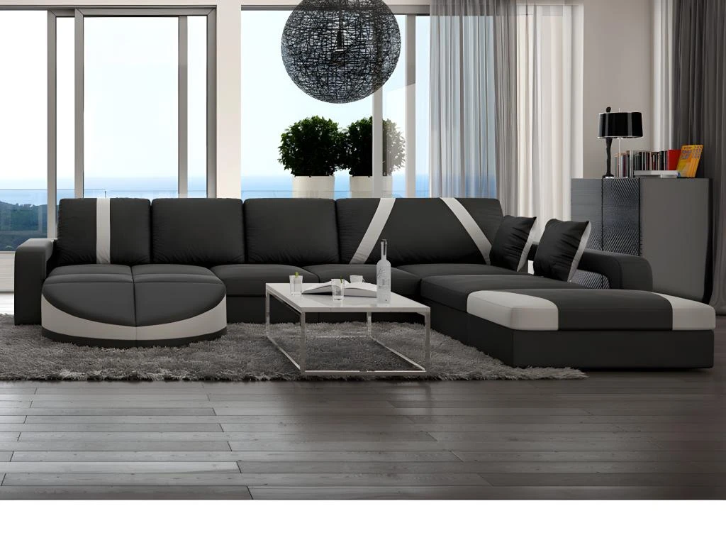 Canapé D'angle Droit En Simili MINTIKA - Noir Et Bandes Blanches 4 Canapé D'angle Droit En Simili MINTIKA - Noir Et Bandes Blanches – Image 4