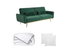 Ensemble Canapé Clic Clac LAUNEI Vert Sapin Avec Couette 220 X 240 Et 2 Oreillers