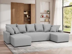 Canapé D'angle Panoramique Convertible En Tissu Gris Clair LADAZIA -Canapé Soldes Boutique canape 18442209