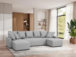 Canapé D'angle Panoramique Convertible En Tissu Gris Clair LADAZIA