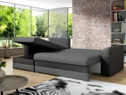 Ensemble Canapé D'angle Convertible Réversible En Tissu Et Simili GIANY Anthracite Avec Couette 220 X 240 Et 2 Oreillers -Canapé Soldes Boutique canape 18442475