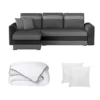 Ensemble Canapé D'angle Convertible Réversible En Tissu Et Simili GIANY Anthracite Avec Couette 220 X 240 Et 2 Oreillers