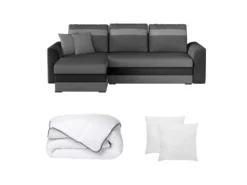 Ensemble Canapé D'angle Convertible Réversible En Tissu Et Simili GIANY Anthracite Avec Couette 220 X 240 Et 2 Oreillers
