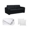 Ensemble Canapé 3 Places Convertible Express En Cuir BEVIS Noir Avec Couette 220 X 240 Et 2 Oreillers