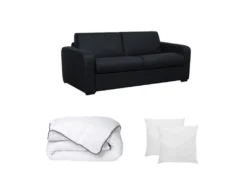 Ensemble Canapé 3 Places Convertible Express En Cuir BEVIS Noir Avec Couette 220 X 240 Et 2 Oreillers