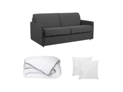 Ensemble Canapé 3 Places Convertible Express En Tissu CALIFE Gris Avec Couette 220 X 240 Et 2 Oreillers