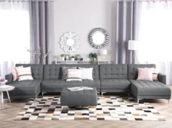 Canapé Panoramique Convertible En Tissu Gris Clair 6 Places Avec Pouf ABERDEEN