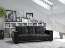 Canapé 3 Places Clic-clac En Simili DEVONSHIRE Avec Tablette Centrale Rabattable - Noir -Canapé Soldes Boutique canape 191364