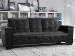 Canapé 3 Places Clic-clac En Simili DEVONSHIRE Avec Tablette Centrale Rabattable - Noir -Canapé Soldes Boutique canape 191365