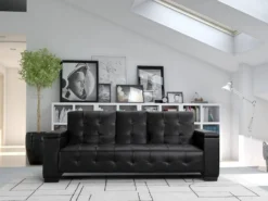 Canapé 3 Places Clic-clac En Simili DEVONSHIRE Avec Tablette Centrale Rabattable - Noir -Canapé Soldes Boutique canape 191366