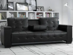 Canapé 3 Places Clic-clac En Simili DEVONSHIRE Avec Tablette Centrale Rabattable - Noir -Canapé Soldes Boutique canape 191376