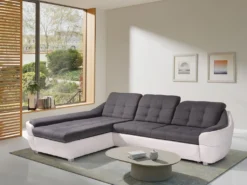 Canapé D'angle Gauche Convertible En Tissu Et Simili Gris Et Blanc FAREZ III