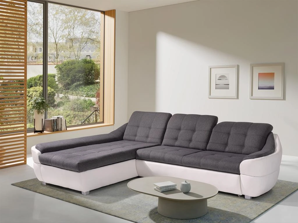 Canapé D'angle Gauche Convertible En Tissu Et Simili Gris Et Blanc FAREZ III 1 Canapé D'angle Gauche Convertible En Tissu Et Simili Gris Et Blanc FAREZ III