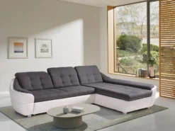 Canapé D'angle Droit Convertible En Tissu Et Simili Gris Et Blanc FAREZ III