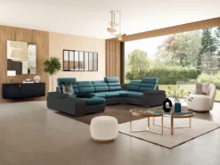 Canapé D'angle Panoramique Convertible En Tissu Et Simili BOILEAU - Bicolore Turquoise/anthracite - Angle Gauche