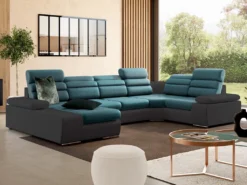 Canapé D'angle Panoramique Convertible En Tissu Et Simili BOILEAU - Bicolore Turquoise/anthracite - Angle Gauche -Canapé Soldes Boutique canape 19627675