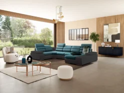 Canapé D'angle Panoramique Convertible En Tissu Et Simili BOILEAU - Bicolore Turquoise/anthracite - Angle Droit